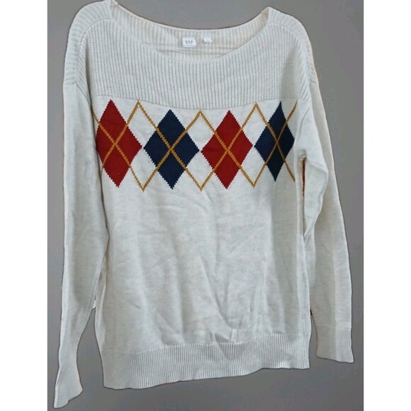 GAP Women’s M Cream Argyle Knit Sweater Preppy Y2K Academia Pullover EUC - Picture 1 of 7